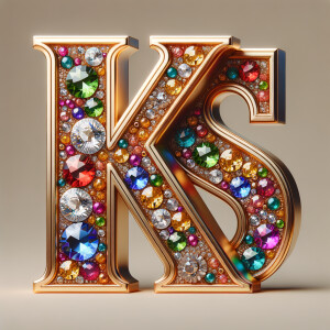 Create a 3-D realistic image with the letters  K.S. in gold raised letters , Add diamonds and colorful jewels