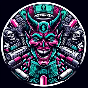 "Create a circular logo design featuring a smiley devil  charact...