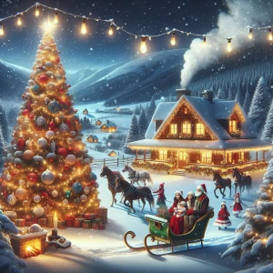 Create a picturesque Christmas scene featuring a snowy landscape...