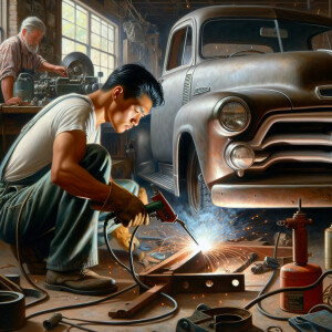 A welder trying to weld together a 1955 ford pickup truck and a...