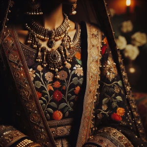 An Indian bride adorned in a traditional lehenga with intricate...