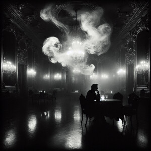 In the dimly lit corner of an opulent rococo ballroom, a starry...