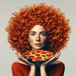 Ginger haired woman is a burnt New Haven style pizza, funny, pho...