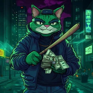 A green gangster cat inspired by Pepe the Frog meme, dressed in...
