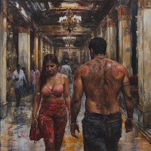 Fantasy painting.A sweaty beefy man walking with his 54 year old...