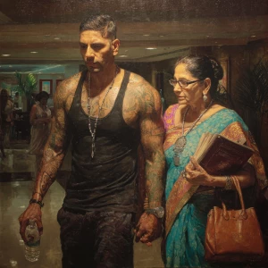 Hyperrealism,sharp painting,A sweaty tattoed muscular man walki...