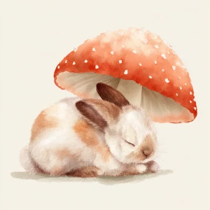 cute fluffy rabbit sleeping peacefully under a large spotted mus...