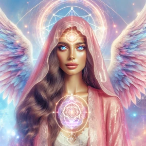 A celestial divine feminine figure with glowing blue eyes, weari...