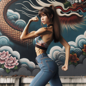 Very thin Athletic Thin skinny Attractive, Asian teenage girl, long brown hair and bangs, wearing tight skinny jeans and a halter top paint marks on her clothing, heroic sideways pose Asian graffiti background