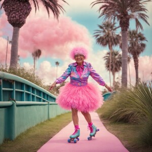 Elderly woman joyfully roller skating on a sunlit path, adorned...