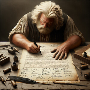 Create an image depicting Donald Trump autographing the Declarat...