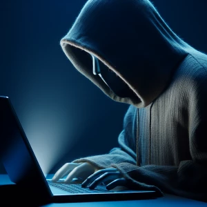 A mysterious hooded character looking down at laptop