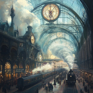 steampunk train station, 2d illustration, pastel tones, steam, t...