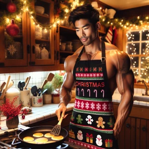 A muscular man stands in a warmly decorated kitchen, radiating a...