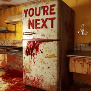 In a dimly lit, grimy kitchen, an eerie scene unfolds.red paint...