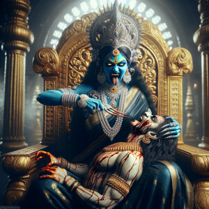 portrait of angry looking goddess kaali, blue skinned sitting on a gold crown and carrying a weak mahishasur on her lap and stabbing him with her amazingly long fingernails. She is wearing a huge diamond crown, black saree, abundant diamond jewelry, covered in blood. The scene is set in ancient India. The image is 8K resolution, photograph, cinematic, ultra detailed face and epic.