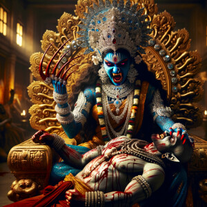 portrait of extremly angry looking goddess kali, blue skinned, s...