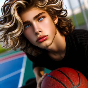 white teen boy with blonde loose defined long to the eye curls b...