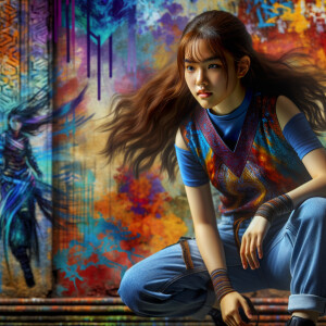 teenage girl, long brown hair and bangs, wearing tight skinny jeans and a halter top paint marks on her clothing, heroic pose Asian graffiti background, nearing on one knee