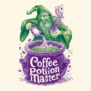 /imagine hand-drawn wizard in a fantasy robe brewing coffee in a...