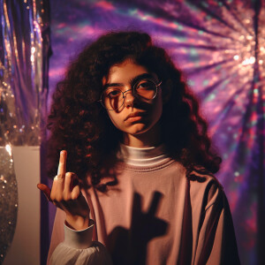 Curly-haired girl with glasses shows her middle finger at the fr...
