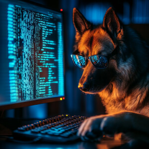 a dog hacking on a computer