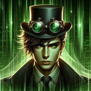 "Portray a man character inspired by The Matrix, wearing steampu...