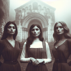 Create a faded film photograph from 1962 of three beautiful 19-y...