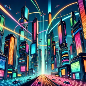create an image showing a scenery of a futuristic city with neon...