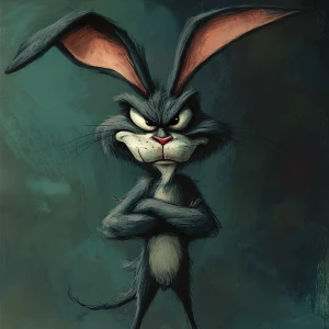 A stylized, almost demonic version of Bugs Bunny with exaggerate...