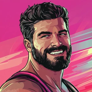 White muscular thin man with beard, big chin, smile and cheekbon...