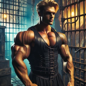 Create an image of a muscular bodybuilder man blond hair with a...