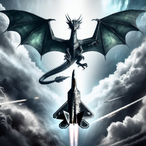 Falling from the sky is a winged dragon coming down towards that...