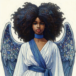 Illustrate a young Black woman with angel wings and long, afro-t...