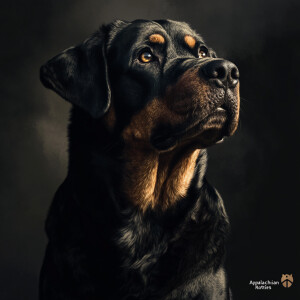 Create an image of a noble Rottweiler dog with a visible, brande...