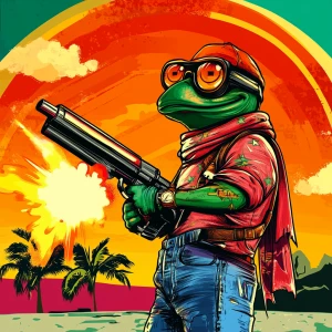 MEME PEPE in GTA art style, Pepe is firing a rocketlauncher, in...