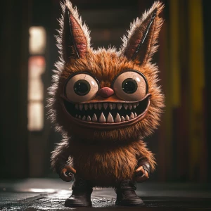 Stylized character portrait of a mischievous designer toy creat...