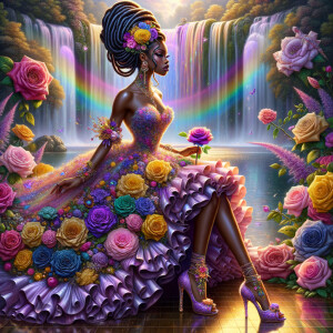 Remix Prompt
S/O Jackie Torres
S/O Panda Locke

create a animated style hyper realistic airbrush whimsical oil painting of a light African American woman wearing a flawless beautiful purple, pink, and gold blossom dress long flowing with colorful flowers and ruffles on the dress colorful jewelry made of flowers she has long black dreadlocks in a bun a colorful rose in her hair her peep toe shoes is matching her dress behind her is a beautiful waterfall liquid glowing lights beautiful colorful rainbow surrounded by beautiful roses.