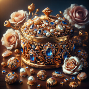 Create an image of an ornate jewelry box richly detailed with golden swirls and floral motifs, with no items on the top. Inside the box lies a collection of exquisite jewelry, each piece featuring vibrant blue gemstones set amongst pearls and golden accents. This treasure is placed on a dark wooden surface, subtly reflecting the luster of the gems. Around the box, there are loose gemstones, a golden flower, and soft pink roses in the blurred background, contributing to the elegant ambiance. The name 'Karen' is elegantly inscribed above the jewelry box, adding a personalized touch to the scene.