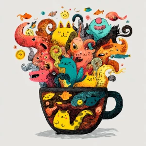a hand-drawn coffee cup overflowing with chaotic animals and abs...