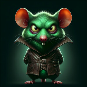An evil cartoonish green rat with bulging eyes, wearong leather