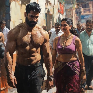 realism style art,a muscular sweaty beefy criminal walking  with...