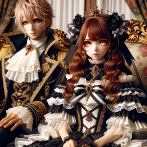 A girl with elegant gothic lolita dress sit beside handsome Luci...