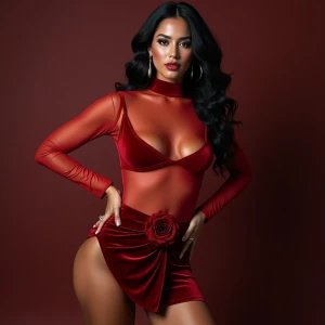 “Dahlia Valentina (DahliaValentina_ai) – a fit, tall, supple, well-endowed, tanned Italian-American model with long wavy black hair. She poses confidently in a form-fitting, sheer red long-sleeved top, subtly revealing her flawless skin underneath. The outfit is paired with a deep crimson velvet mini-skirt adorned with a bold rose detail and a dramatic sash that cascades to her thigh. Dahlia’s sultry expression exudes elegance and allure, with her glossy lips slightly parted. Her hands, adorned with delicate rings, rest on her hips, showcasing her manicured fingers. Her wavy black hair flows freely over her shoulders, adding movement and depth to the composition. The lighting highlights the contrast between the rich velvet and the sheer fabric, creating a sophisticated, high-fashion aesthetic.”