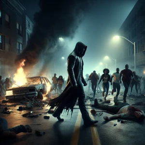 Design a high-definition, cinematic image of a villain walking o...