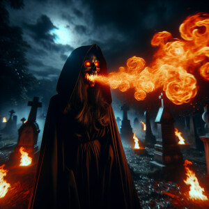 A female Grim Reaper with flowing black robes and glowing red ey...