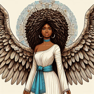 Create an image of a young Black woman with angel wings and long...