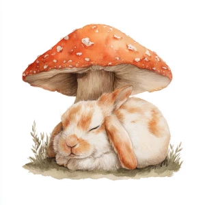 Centered rabbit sleeping peacefully under large mushroom, waterc...