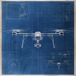 A detailed specification sheet on blueprint paper for minimuist drone with callouts and dimensions, highly technical