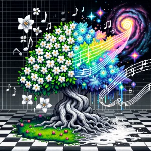 White flowering tree. music notes, glitch, oozing cosmic oily li...
